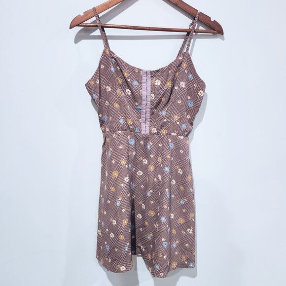 Lilly Rose Brown Floral Smocked Spaghetti Strap Mini Dress Size Small Beach Y2K - Picture 1 of 10